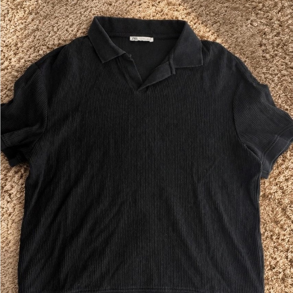 Zara Men’s Black Ribbed Short-Sleeve Polo